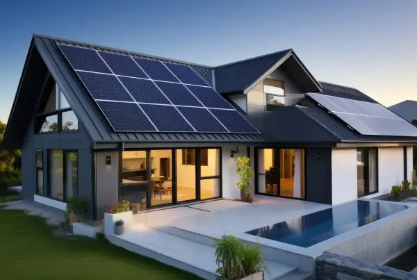 Modernes Haus mit Solarpaneelen auf dem Dach, großer Terrasse und Swimmingpool bei Sonnenuntergang.