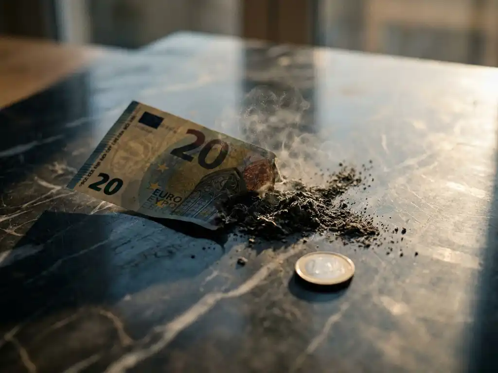 Euro-Geldschein zerfällt zu Asche auf dunklem Marmor, daneben eine unberührte Münze – Symbol für Geldverlust und Inflation.