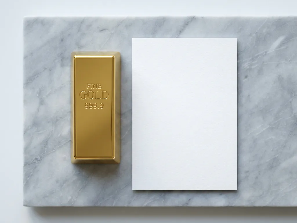 Goldbarren neben weißem Papier auf grauer Marmoroberfläche, minimalistisches Flat-Lay mit diffusem Seitenlicht.