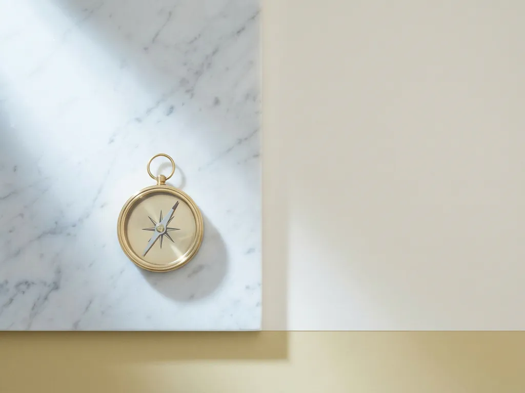 Goldener Kompass auf weißem Marmor, von kühlem Seitenlicht beleuchtet, minimalistisches Flat-lay mit elegantem Schatten.