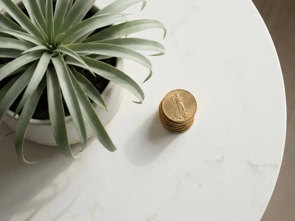 Goldmünzen neben einer grünen Pflanze mit herabhängenden Blättern auf hellem Stein, Draufsicht im minimalistischen Stil.