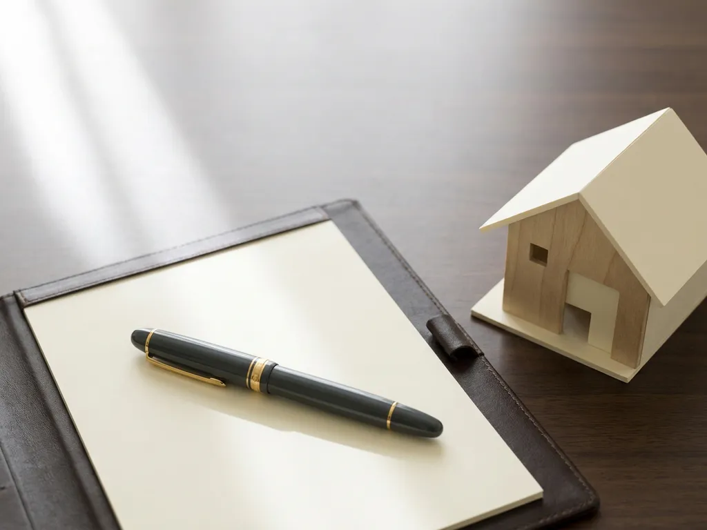 Goldfarbener Füllfederhalter auf offenem Leder-Notizbuch neben kleinem Architekturmodell eines Hauses auf dunklem Walnussholztisch.