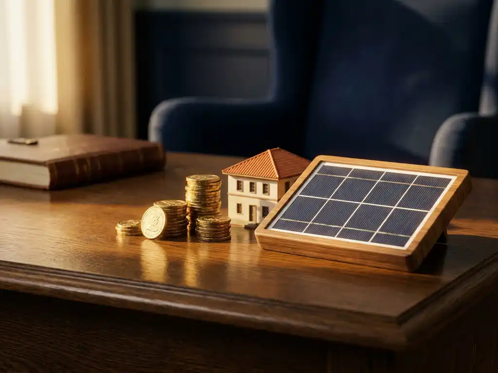 Goldmünzen, Hausmodell und Solarpanel auf dunklem Eichentisch – Symbole für diversifizierte Geldanlage in Sachwerte.
