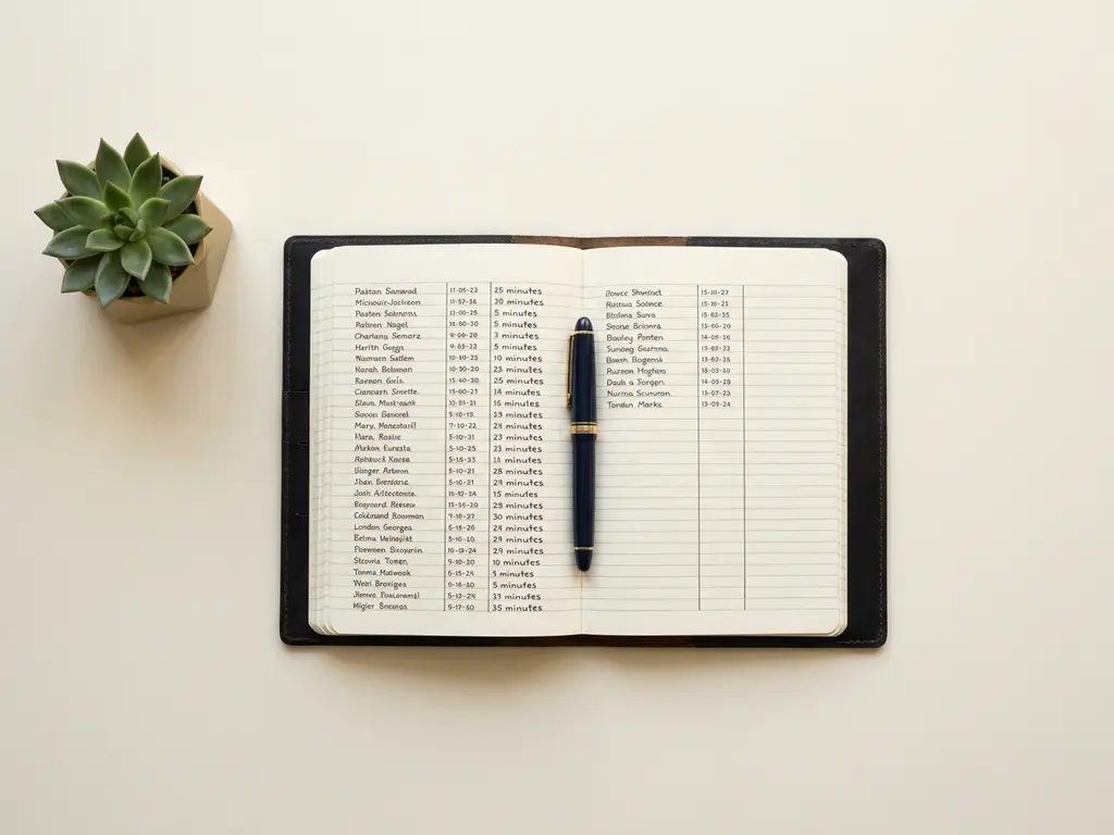 Aufgeschlagenes Leder-Notizbuch mit Füllfederhalter und Sukkulente auf weißem Schreibtisch im Flat-Lay-Stil, natürliches Seitenlicht.