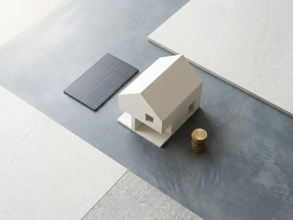Architekturmodell eines modernen Hauses neben Solarziegel und Goldmünzen auf Betonuntergrund, Draufsicht.
