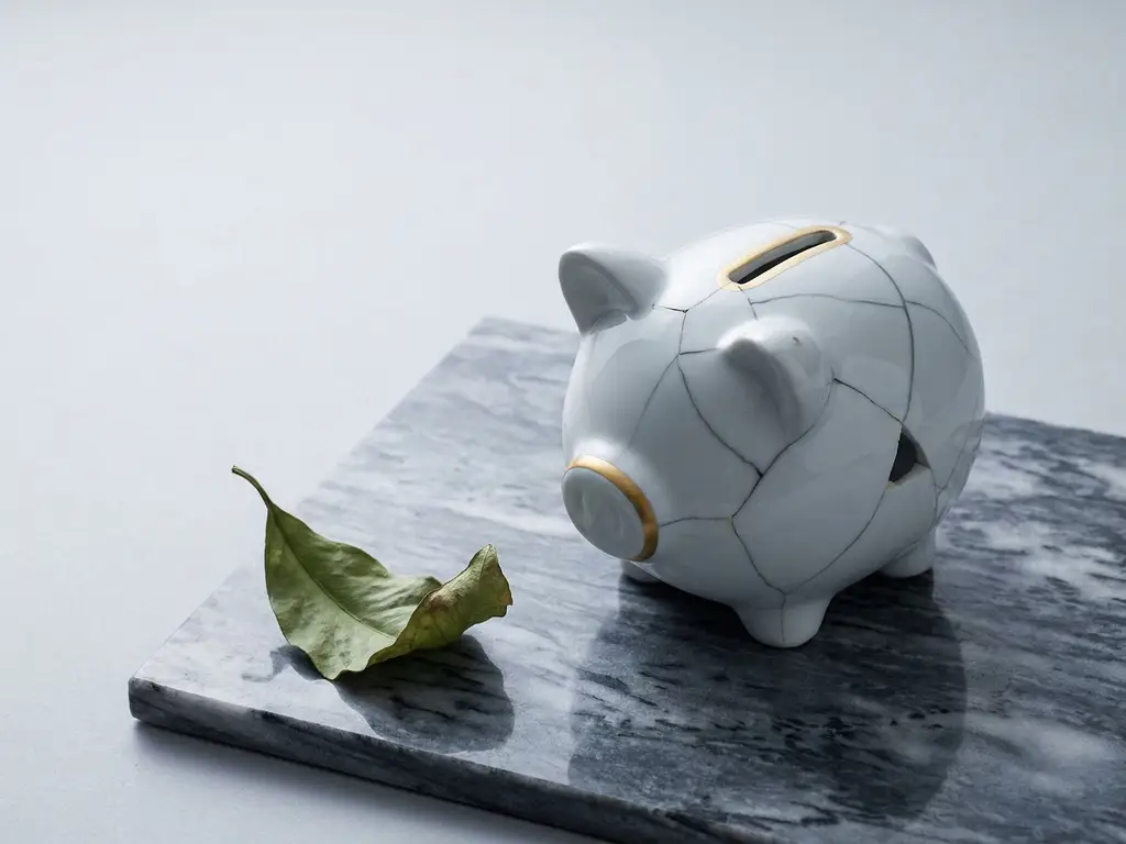 Gesprungenes Porzellan-Sparschwein auf Marmor neben welkendem Blatt, Symbol für Geldmisswirtschaft, minimalistisch.