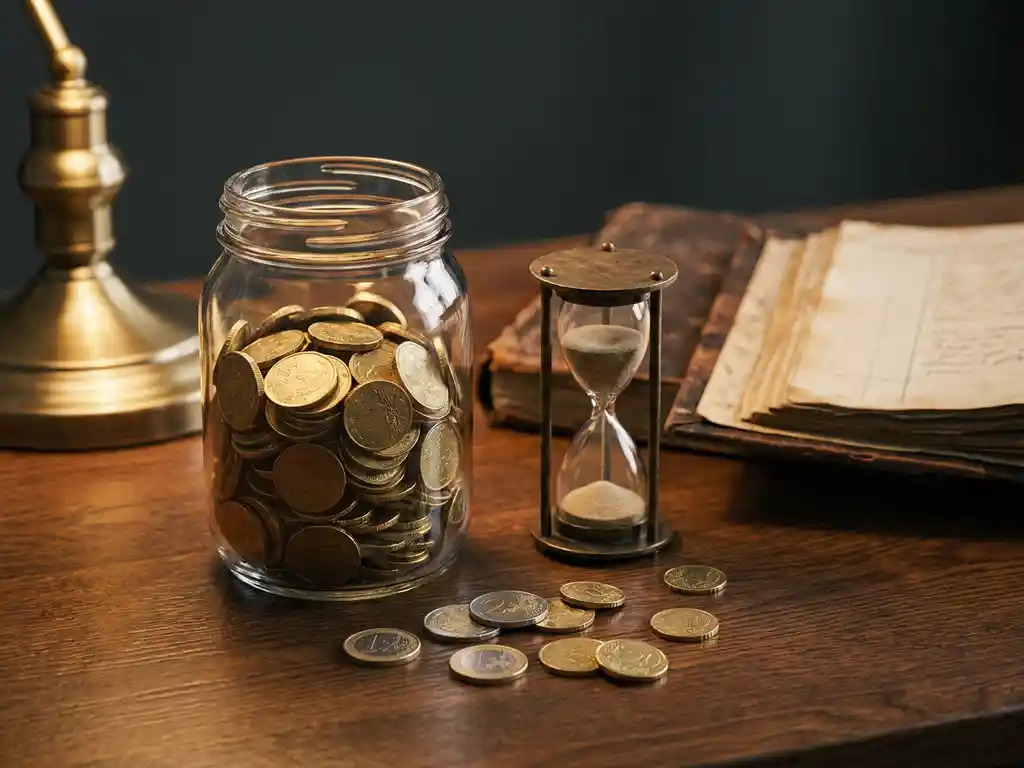 Glasgefäß mit Goldmünzen neben einer Sanduhr auf dunklem Eichenschreibtisch, verstreute Euromünzen und aufgeschlagenes Lederbuch im Hintergrund.