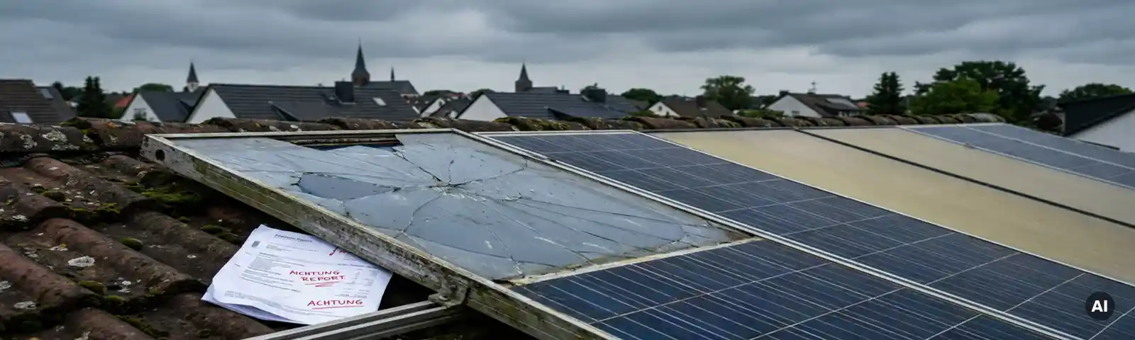 Beschädigtes Solarmodul neben funktionierender Anlage auf deutschem Hausdach mit Finanzdokument darunter, bewölkter Vorstadthimmel.