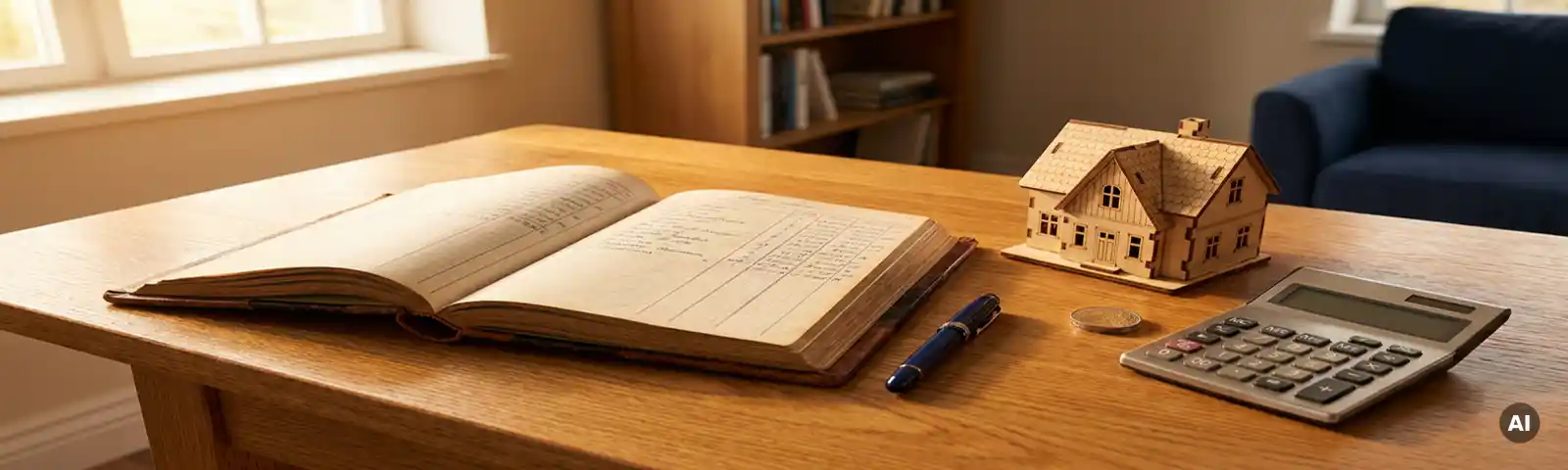 Aufgeschlagenes Leder-Steuerbuch auf Eichenholzschreibtisch neben Gebäudemodell, Taschenrechner und Euro-Münze im warmen Licht.