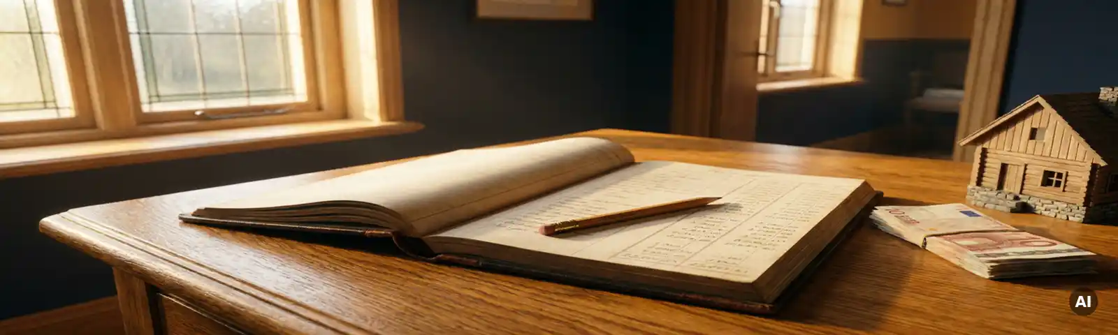 Aufgeschlagenes Leder-Steuerbuch auf Eichenschreibtisch mit Bleistift, Euroscheine und Miniaturhaus im warmen Nachmittagslicht.