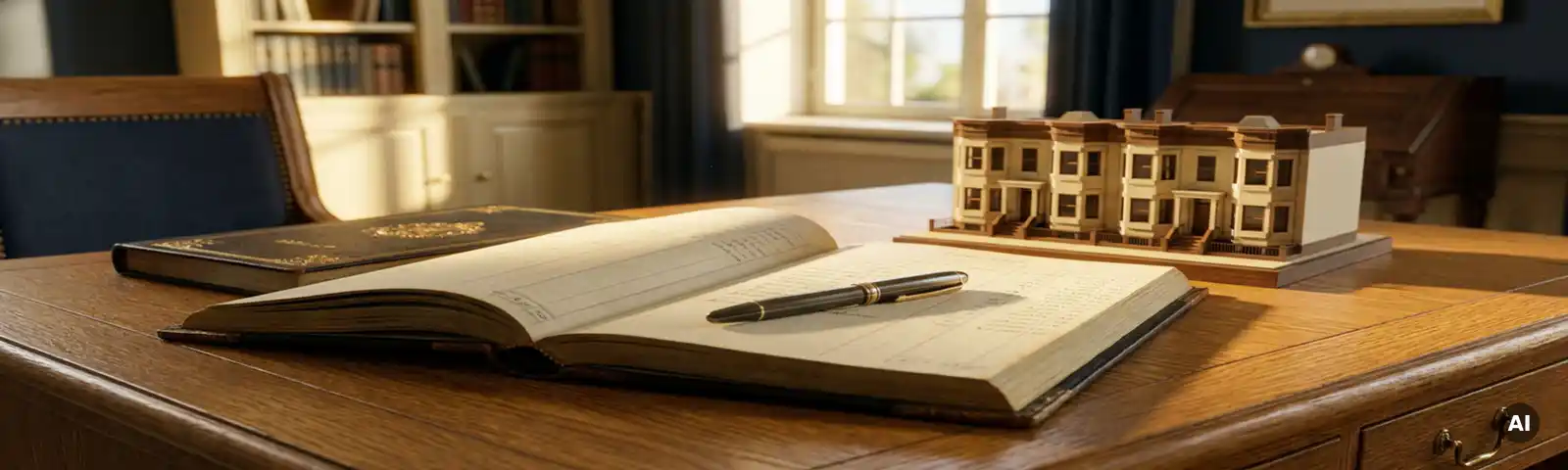 Aufgeschlagenes Ledergebundenes Hauptbuch auf Eichenholzschreibtisch neben Architekturmodell eines Wohngebäudes, Stift quer über den Seiten, warmes Nachmittagslicht.