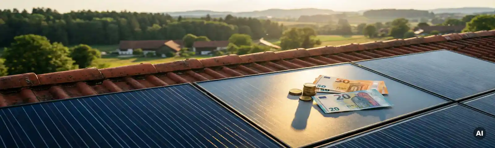 Solarpanele auf rotem Ziegeldach mit Euro-Scheinen und Goldmünzen, grüne deutsche Landschaft im Hintergrund.