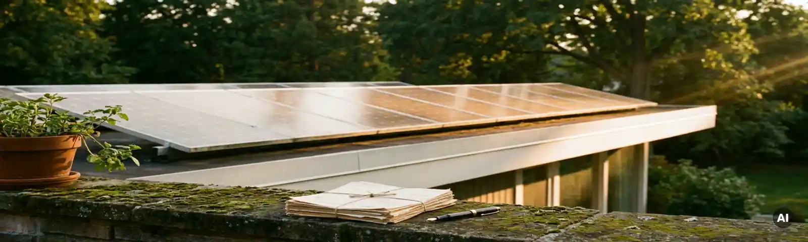 Solarpanel-Anlage auf modernem Wohnhausdach im goldenen Abendlicht, umgeben von grünen Baumkronen und Finanzdokumenten auf Steinablage.