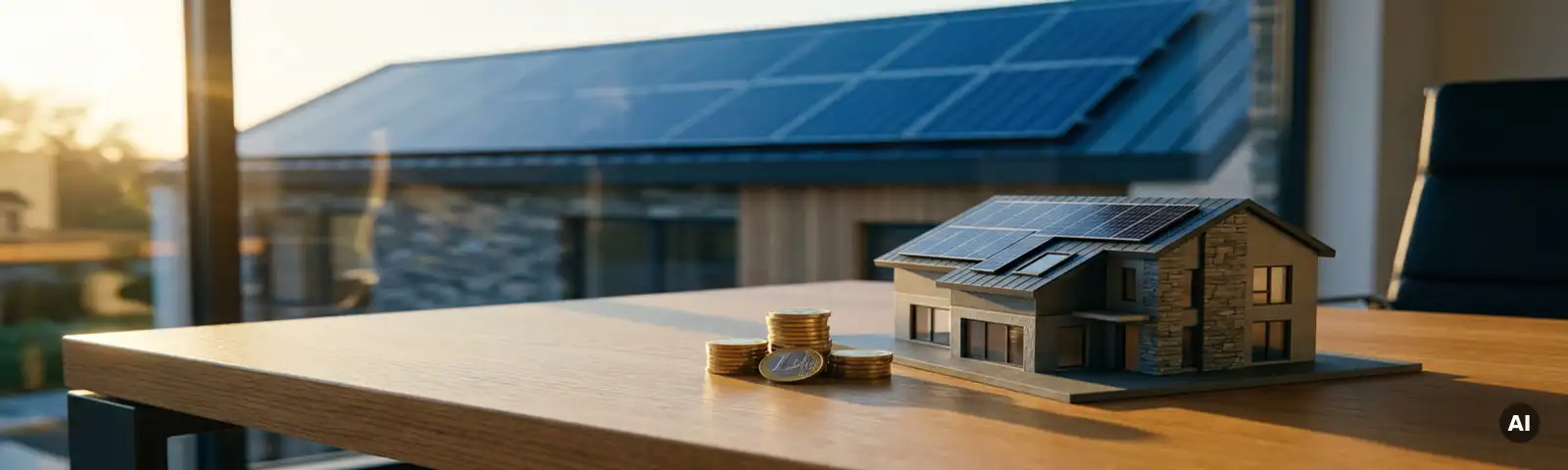 Solarpanel-Anlage auf Wohndach mit Hausmodell und gestapelten Euromünzen auf Eichenholztisch im Vordergrund.