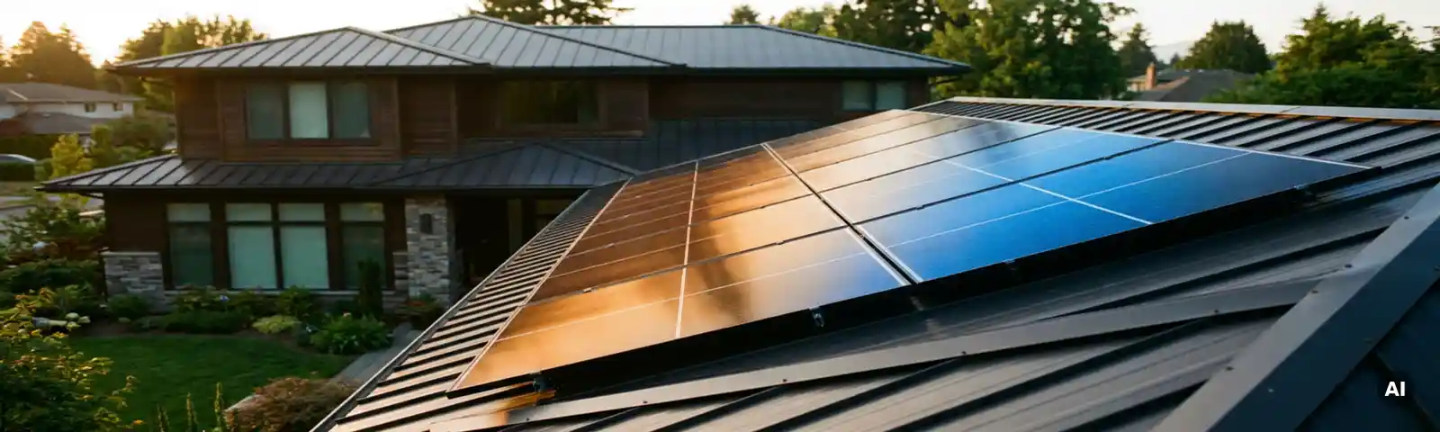 Solaranlage auf modernem Einfamilienhaus im Nachmittagslicht, dunkle Photovoltaikzellen reflektieren goldene Sonnenstrahlen vor blauem Himmel.