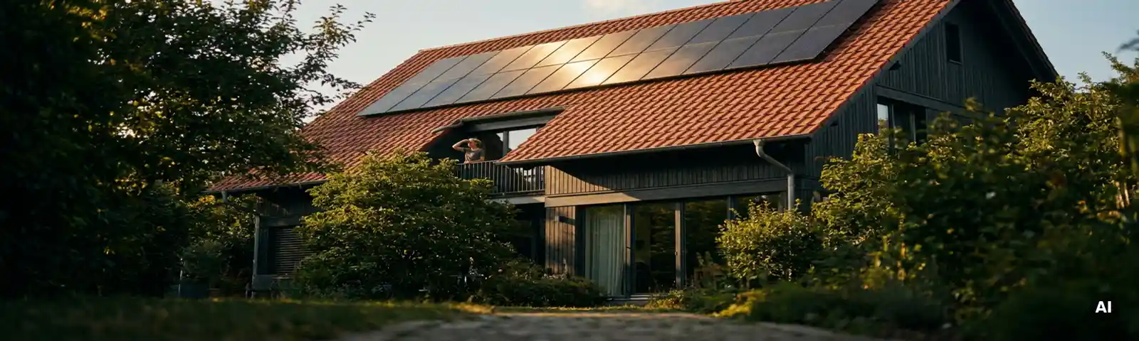Solaranlage auf rotem Ziegeldach eines deutschen Wohnhauses, goldenes Nachmittagslicht spiegelt sich in den Photovoltaikzellen.
