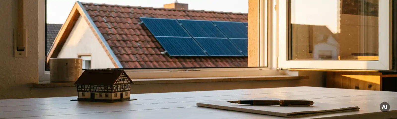 Solarpanel-Anlage auf rotem Ziegeldach eines Wohnhauses, im Vordergrund ein Architekturmodell und Stift auf weißem Schreibtisch.
