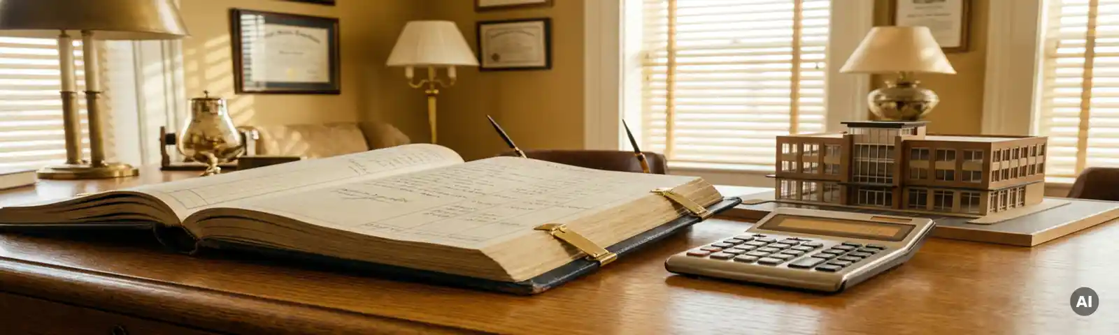 Aufgeschlagenes Ledersteuerregister auf Eichenschreibtisch mit Taschenrechner und Architekturmodell eines Gewerbegebäudes im warmen Nachmittagslicht.