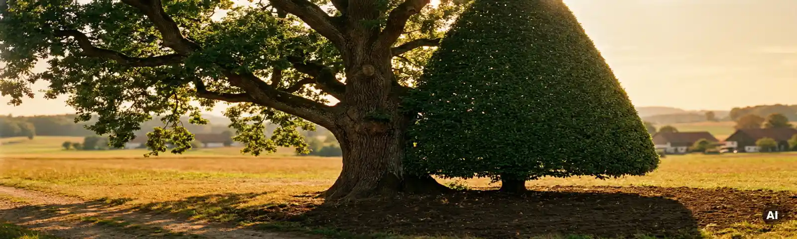 Eiche mit naturbelassenem Stamm links und symmetrisch geschnittenem Formschnitt rechts im sonnigen deutschen Landschaft.