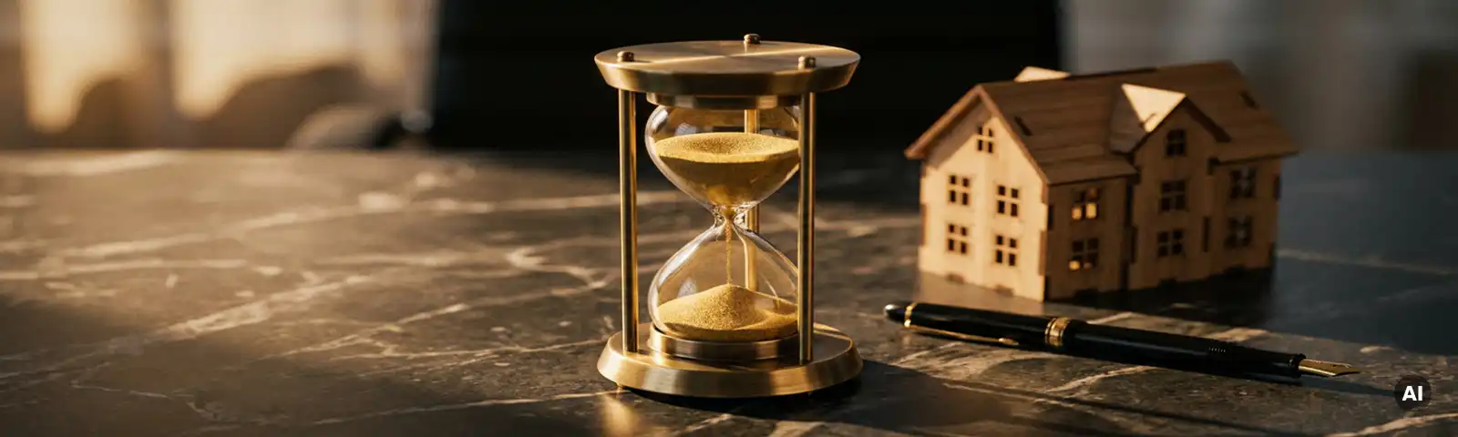 Vintage-Sanduhr mit goldenem Sand auf dunklem Marmortisch neben Architekturmodell eines Wohngebäudes und Füllfederhalter.