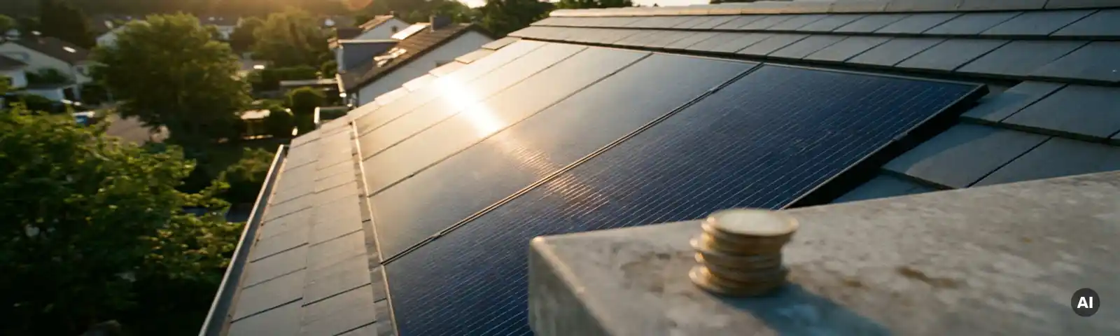 Solaranlage auf Wohndach mit Euromünzen im Vordergrund, goldenes Nachmittagslicht, grüne Vorstadt im Hintergrund.