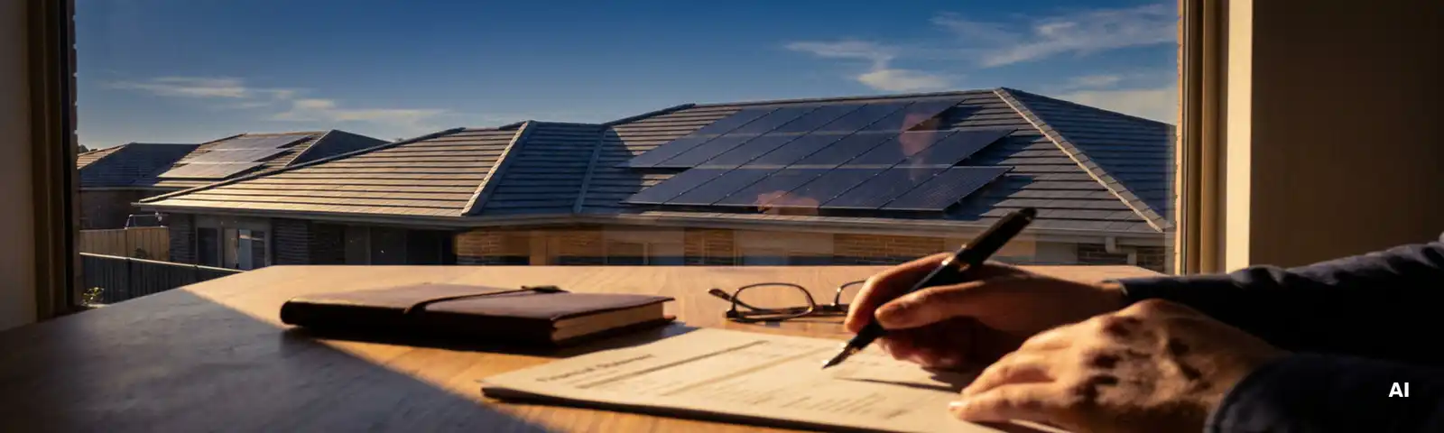 Solarpanel-Anlage auf modernem Wohnhausdach mit Finanzdokument und Stift auf sonnenbeschienem Holzschreibtisch.