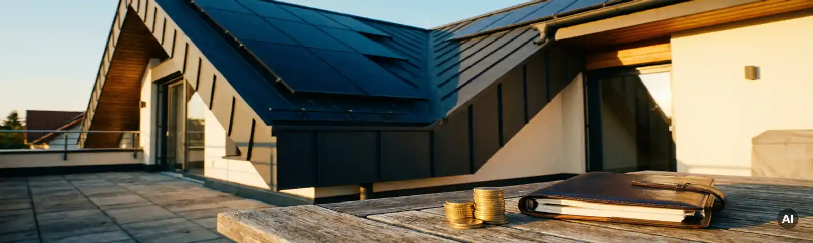 Solarpanelanlage auf Wohnhausdach mit Euromünzen und Finanzbuch im Vordergrund, goldenes Nachmittagslicht.