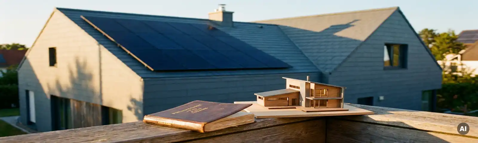 Solaranlage auf modernem Wohnhausdach mit Finanzbuch und Hausmodell im goldenen Nachmittagslicht.