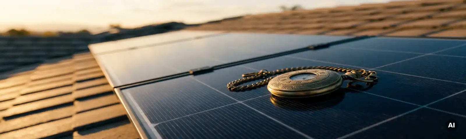 Vintage Taschenuhr auf Solarmodul bei goldenem Abendlicht, lange Schatten betonen den Zeitverlauf der Solarenergie.