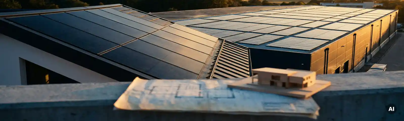 Solaranlage auf Wohn- und Gewerbegebäude im goldenen Nachmittagslicht, mit Finanzdokument und Architekturmodell im Vordergrund.