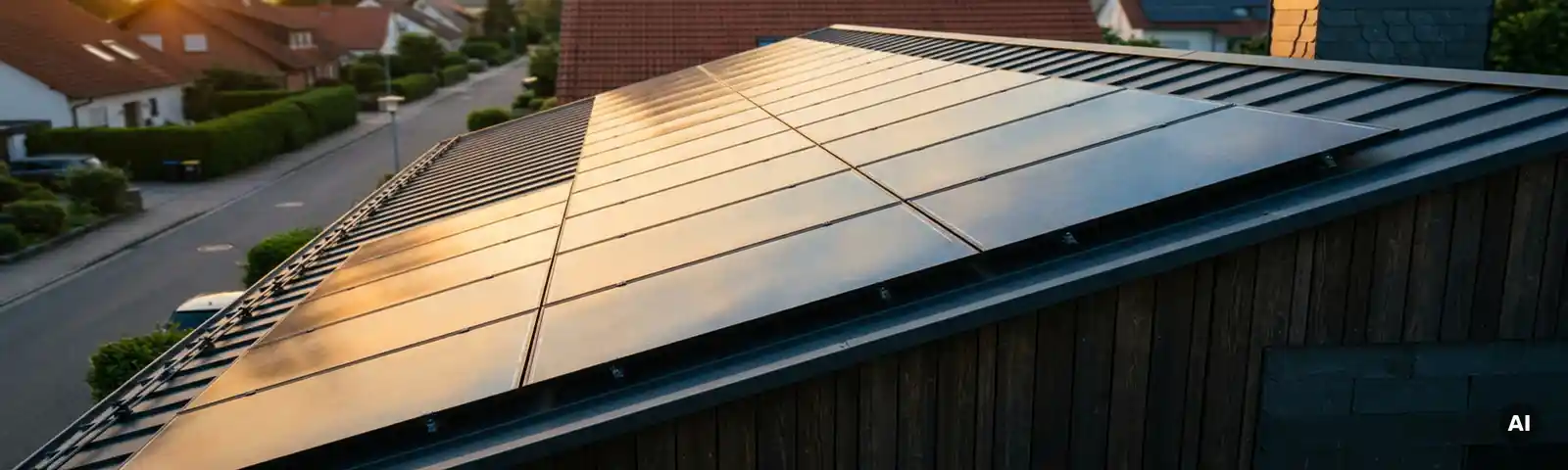 Solaranlage auf Einfamilienhaussdach in deutschem Vorort, goldenes Nachmittagslicht spiegelt sich in den Photovoltaikzellen.