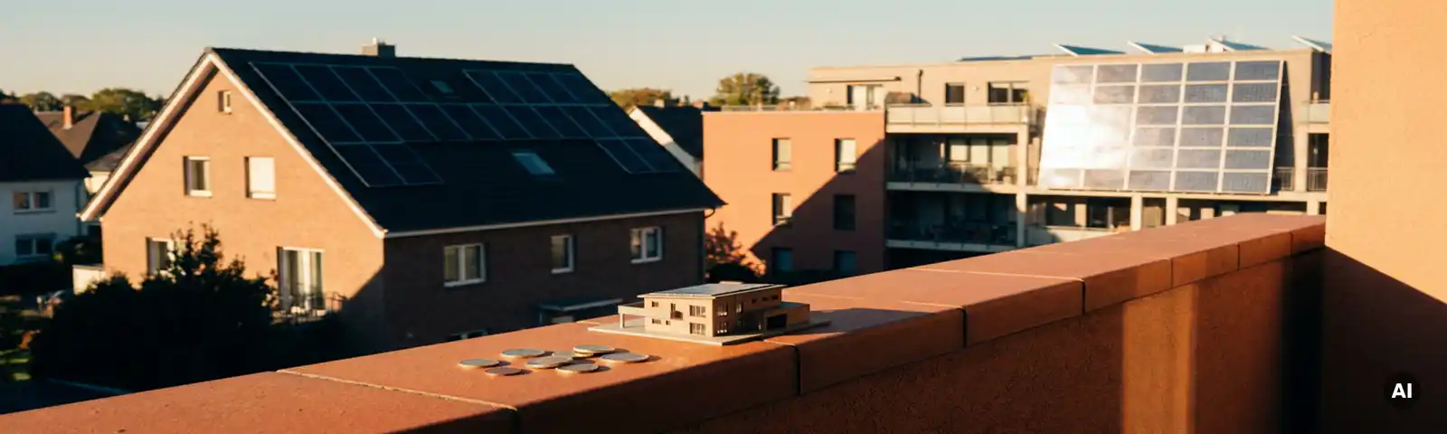 Solaranlage auf Wohnhaus und Mehrfamilienhaus mit Euromünzen und Architekturmodell auf Terrassengeländer im Nachmittagslicht.