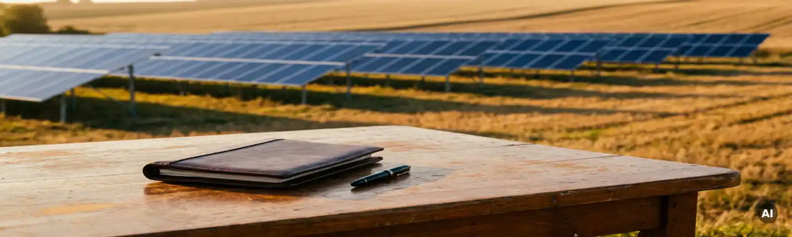 Solaranlage auf landwirtschaftlicher Fläche im goldenen Nachmittagslicht, Ledermappe und Füllfederhalter im Vordergrund.