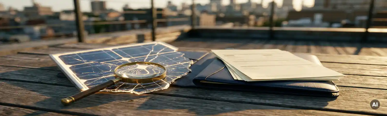 Solarpanel-Anlage auf einem Hausdach im Sonnenlicht neben einer Finanzmappe mit Lupe, goldenes Nachmittagslicht.