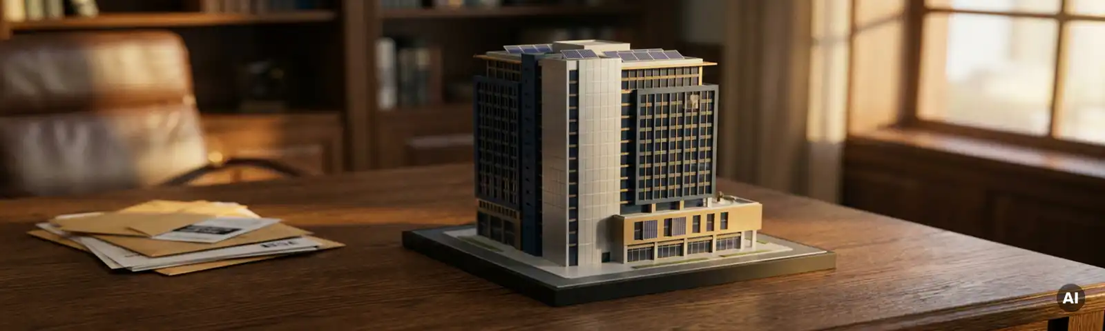 Architekturmodell eines modernen Bürogebäudes mit Solarmodulen auf einem Eichenholzschreibtisch neben Finanzdokumenten.