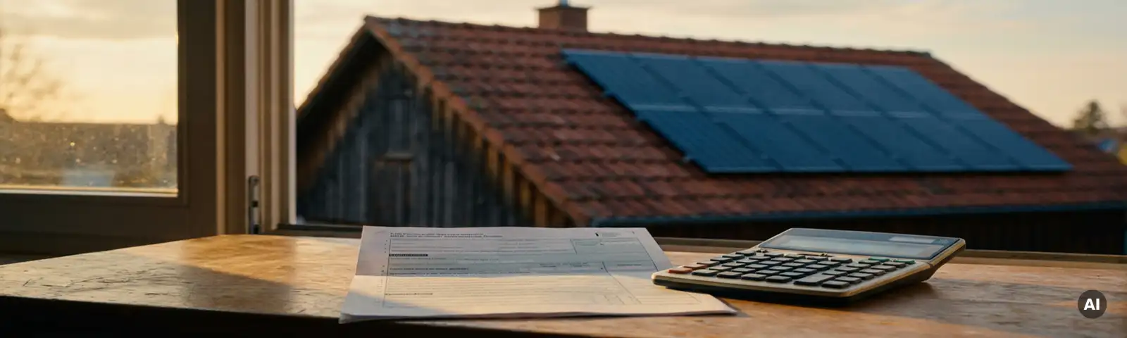 Solarpanel-Anlage auf rotem Ziegeldach mit Steuerdokument und Taschenrechner auf sonnenbeschienem Holzschreibtisch.