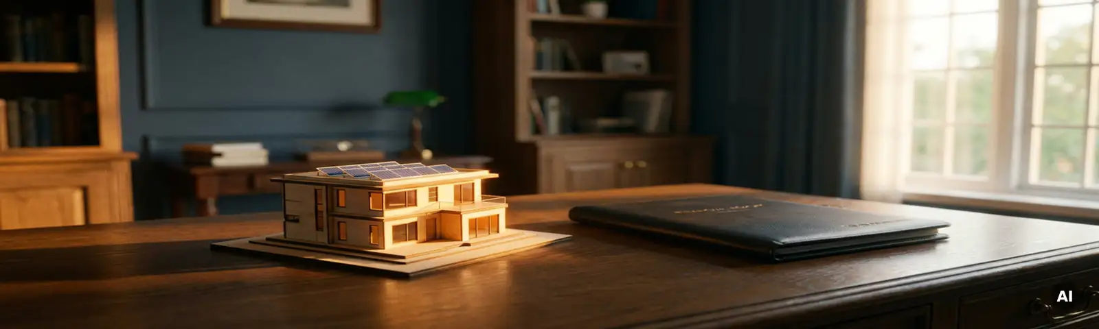Modernes Wohngebäude mit Solaranlage auf dem Dach, daneben ein Architekturmodell und Finanzportfolio auf Eichenholzschreibtisch.