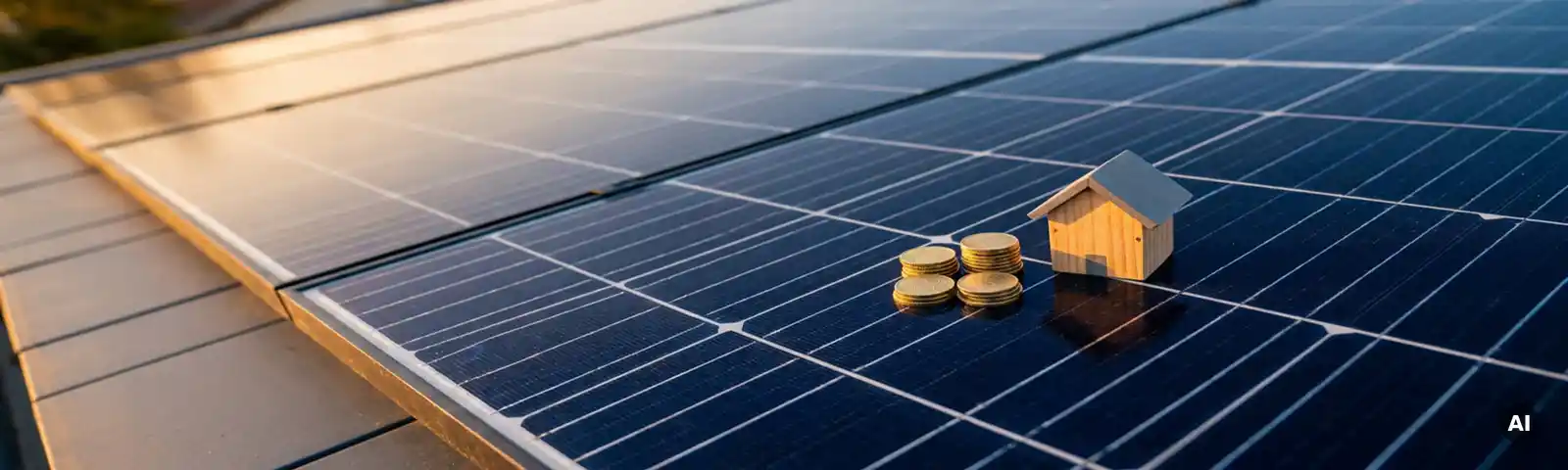 Solarpanel auf Hausdach mit Euromünzen und Miniaturhaus, goldenes Nachmittagslicht beleuchtet die Photovoltaikzellen.